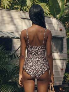 Maija Women's Spaghetti Strap Sleeveless Ruffled Leopard Print Fitted Hollow One-Piece Swimsuit - Brown - View 2