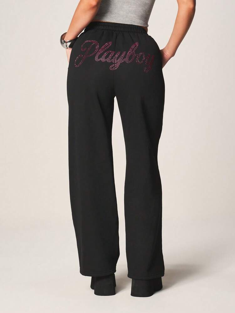 Missguided x Playboy Rhinestone Embellished Wide Leg Drawstring Sweatpants With Script Detail And Elastic Waistband For Casual Comfort