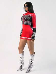 SHEIN ICON Y2k Rave Festival Outfits Romper With Motorcycle Pattern And Stand Collar - Black - View 6