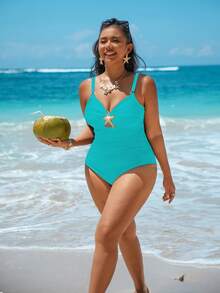 Swim Lushoire 大码连体显瘦纯色泳衣 - 綠色 - 查看 3