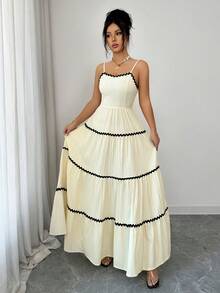 Rafferiza 女士优雅荷叶边层叠镂空露背系带连衣裙，适合度假和日常穿着 - 杏色 - 查看 3