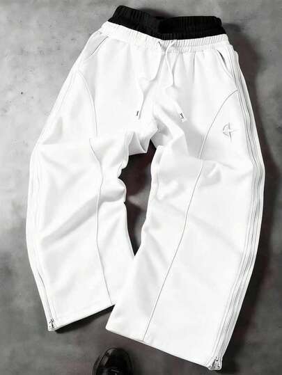 PAVTROS Young Street Style Wide Leg Pants With Double Zipper Waist And Side Panels,Streetwear,Baggy,Graphic,Matching,Friends,I Love My Boyfriend,Street Style,Couples,Double Waistband Reflective Edge Strips For Hot-Selling Embroidered Patterns