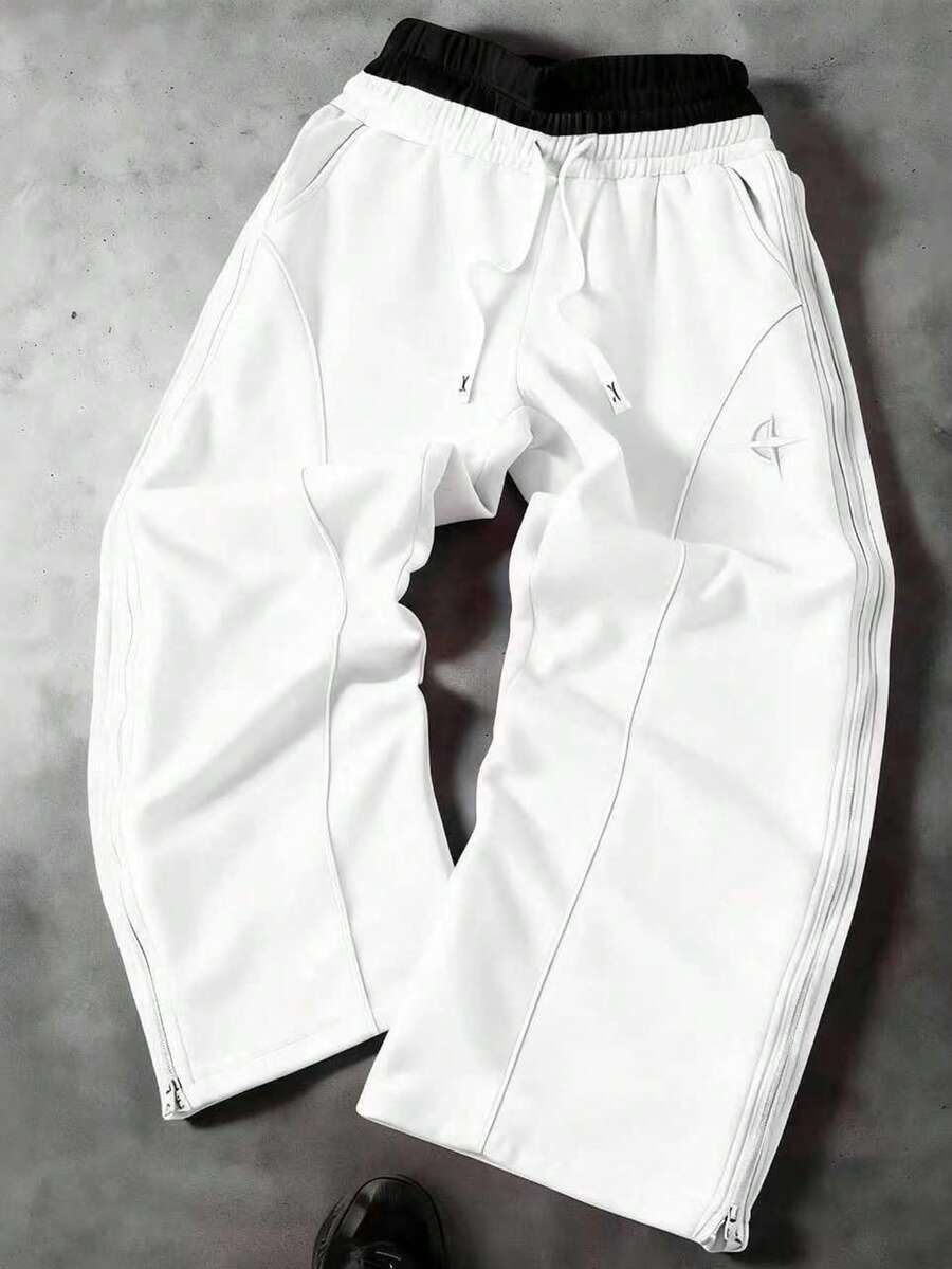 PAVTROS 青年街头风阔腿裤，双拉链腰带和侧边拼接设计，街头服饰，宽松版型，印花图案，情侣装，朋友装，表达爱意，街头风，情侣装，双层腰带，反光包边，热销刺绣图案 - 白色 - 查看 1