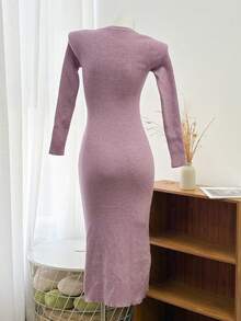 DAZY Women Tight Fitted Half-Zip Mid-Length Sweater Dress,Fall Women Clothes - Purple - View 5