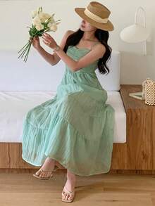 DAZY Women's Green Spaghetti Strap Vacation Glitter Mesh Midi Dress - Green - View 1