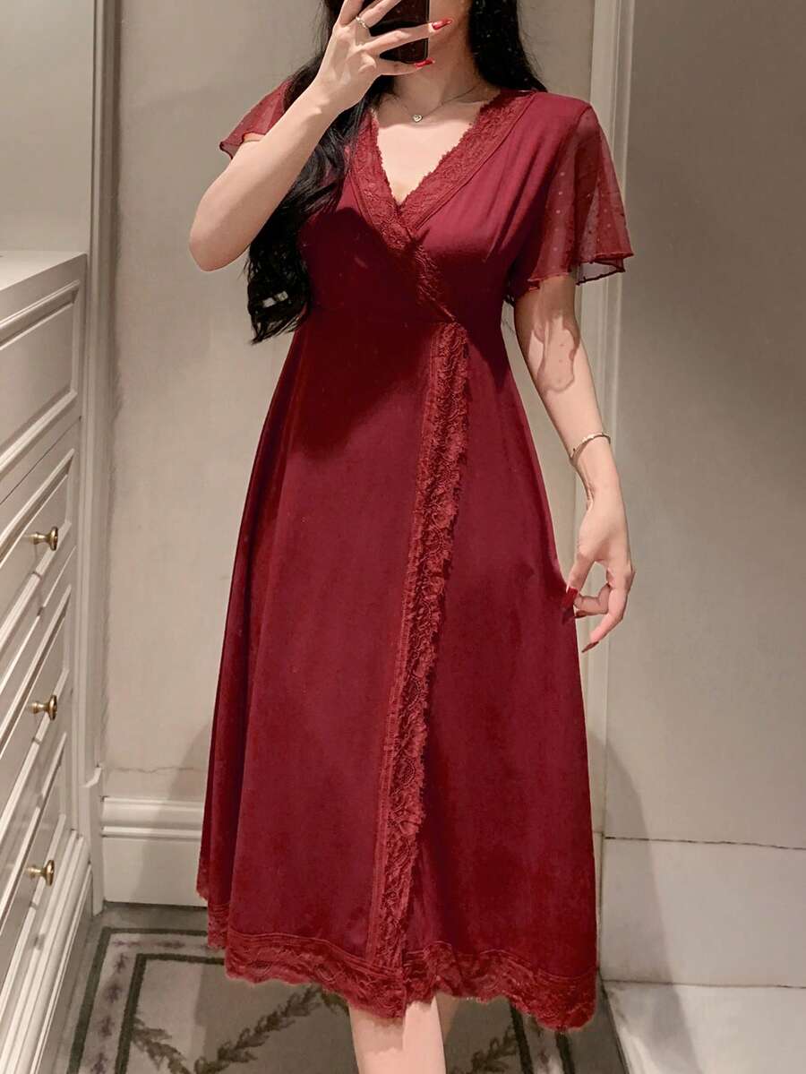 DAZY Knit Patchwork Polka Dot Mesh Lace Patchwork Waist V-Neck Women's Loungewear Dress - Burgundy - View 1