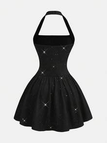 SHEIN Đầm dự tiệc hở lưng cổ yếm đính sequin thời trang dành cho thiếu nữ - màu đen - Xem 2