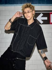 ROMWE MEN Street Life Men's Oblique Placket Airplane Buckle Denim Jacket - Blue - View 5