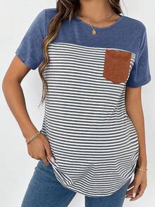 SHEIN Maternity Women's Striped Pocket Short Sleeve T-Shirt - Blue - View 5