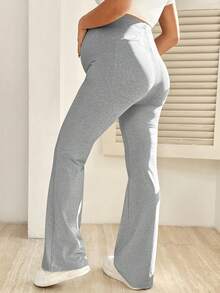 SHEIN 孕妇休闲纯色可调节腰围喇叭裤 - 灰色 - 查看 2