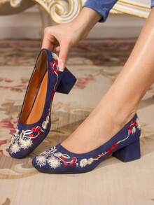 CUCCOO TILAWA Elegant Floral Women's Chunky Heels - Casual Square Toe, High Heel, Fabric Upper, Synthetic Insole, Multi-Season Versatile Shoes, Ladies Footwear - Royal Blue - View 1