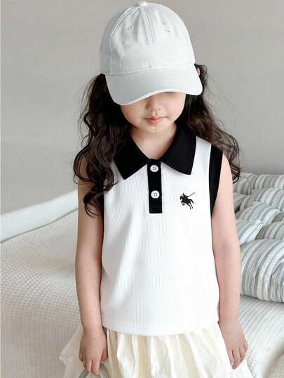 Toddler Girls' Summer New Black & White Contrast Color Polo Collar Knit Sleeveless Vest, Collegiate Style Horse Embroidery Rib Knit Vest, Classic Black & White Contrast + Elegant Polo Collar, Button Front Closure + 3D Horse Embroidery, Simple Yet Stylish, Elevated Look! Sleeveless Design Suitable For Summer, Unrestricted Movement, Pairs Well With Skirts, Jeans, Versatile For Outdoor, Street Wear