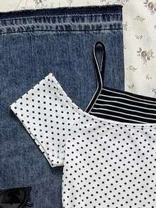 SHEIN EZwear Áo thun ngắn tay nữ kiểu dáng thường ngày, chấm bi và sọc phối màu, phong cách grunge vintage cá tính, thích hợp cho mùa hè, lễ hội âm nhạc, kỳ nghỉ, các sự kiện thể thao. - Nhiều màu - Xem 3