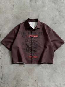 AXEPEAK 男士字母印花前开襟纽扣休闲百搭短袖衬衫 - 咖啡棕 - 查看 1