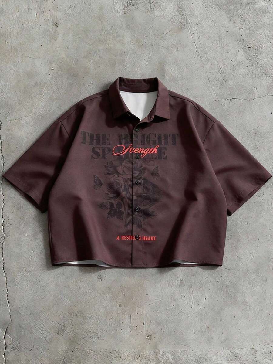 AXEPEAK 男士字母印花前开襟纽扣休闲百搭短袖衬衫 - 咖啡棕 - 查看 1