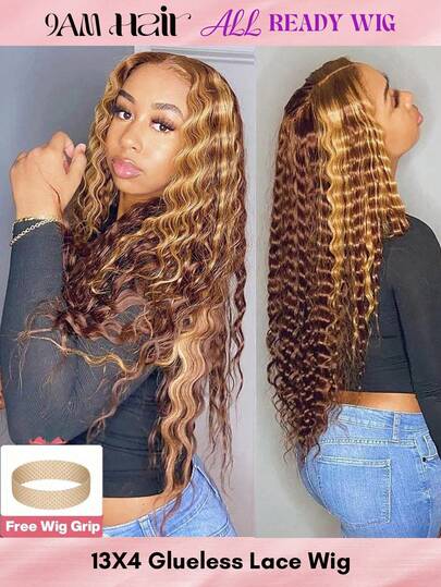 ALL READY WIG Peluca frontal de encaje transparente con iluminación, cabello humano sin pegamento con una densidad del 180%, línea de implantación impecable, ondas profundas, pelucas de cabello humano de colores 4/30 para mujeres