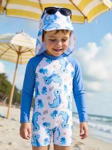 SHEIN Young Boy Cartoon Dinosaur Print Raglan Sleeve One-Piece Swimsuit With Shorts - Multicolor - View 3