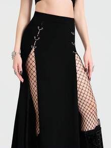 Breakform Bộ đồ nữ gợi cảm phong cách Gothic màu trơn, chất liệu vải dệt kim có lỗ thông hơi, kết hợp với chân váy ôm sát dài đến mắt cá chân, cạp cao co giãn với khoen kim loại màu trơn, xẻ tà cao phía trước. - màu đen - Xem 6