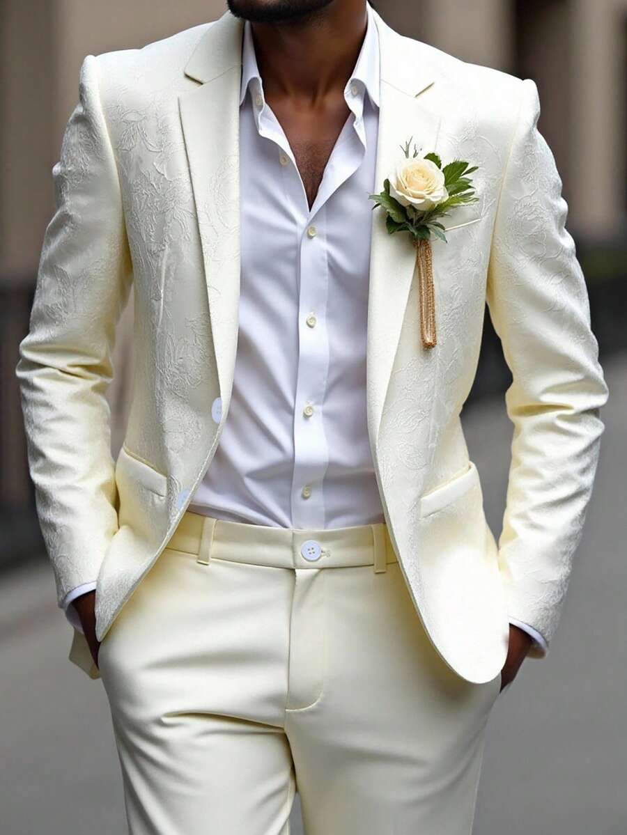 Calvornis Costume de mariage minimaliste pour homme, veste et pantalon de couleur unie, manches longues, pour cérémonie - Blanc - Voir 1