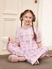 HELLO KITTY AND FRIENDS | SHEIN 少女卡通印花荷叶边短袖上衣和裤子睡衣套装 - 淺粉色 - 查看 1