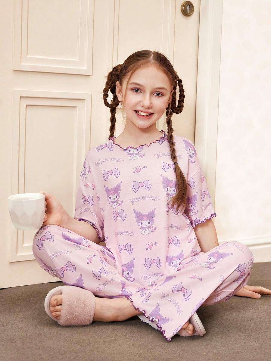 HELLO KITTY AND FRIENDS | SHEIN 少女卡通印花荷叶边短袖上衣和裤子睡衣套装 - 淺粉色 - 查看 1