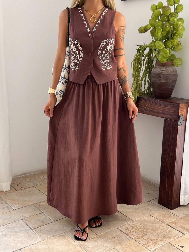 Spring & Summer Casual Vacation Sleeveless Shirt Top And Skirt Set, Retro Pattern Decor, 2pcs Women Outfit