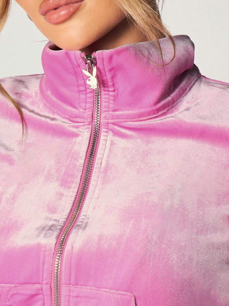 Missguided x Playboy Hot Pink Velour Rhinestone Full Zip Sweatshirt With Sparkly Text Design Long Sleeve Fitted Cropped Jacket For Casual Fall Winter Streetwear