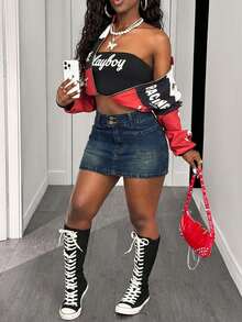 Slaydiva 女士纯色简约休闲牛仔裙 - 深色水洗藍 - 查看 6