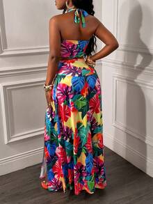 Glyssa Vestido casual ajustado con estampado floral sexy, escote halter, espalda cruzada y descubierta, cintura con lazo, volantes y abertura lateral para playa y resort - Multicolor - Ver 2