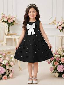 SHEIN Elladie kids Young Girls Sleeveless Elegant & Casual Bow Design Mid-Length Dress Black Dress Pearls Toddler Elegant Black Dress Black Dress White Bow Church Dress Black Girls Black Dress - Black - View 4