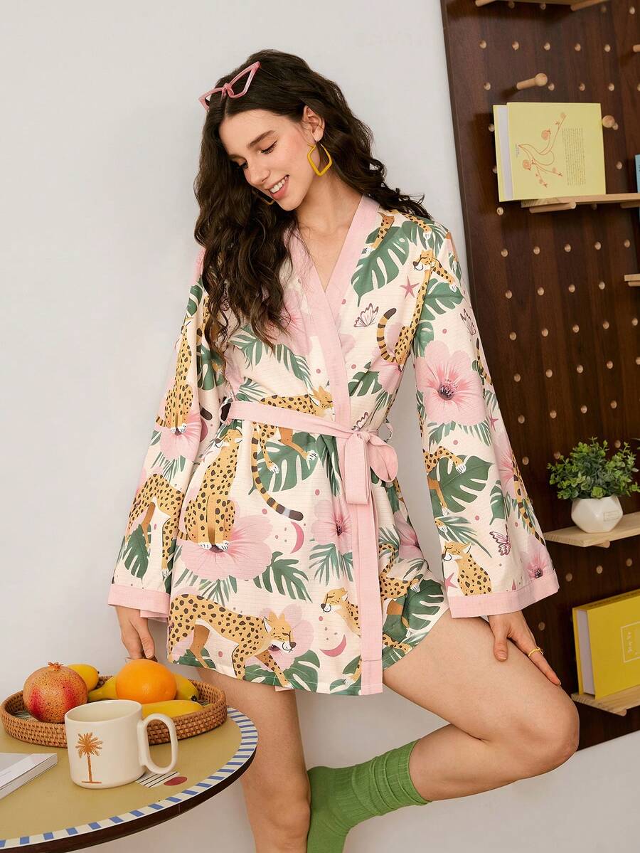 Young Plant & Leopard Pattern Bubble Crinkle Women Robe - Multicolor - View 1