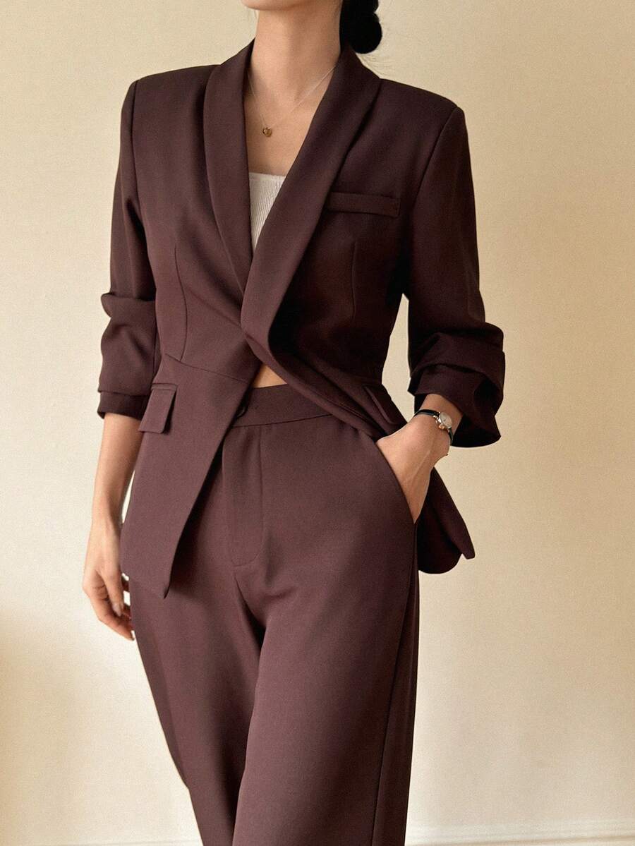 DAZY Women's V-Neck Cinched Waist Long Sleeve Cardigan And Pants 2 Pieces Casual Set - Rust Brown - View 1