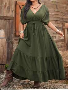 Ceyna Plus Size Women New Military Green Shoulder Sleeve A-Line Patchwork Waist Midi Dress Women's Summer Dresses Shirred Around Dresses For Ladies Woman Dress Women's Plus Size Dresses Women Holiday Dress Luxury Dresses For Women Vacation Outfits Women Dress Bohemian Outfit For Women Dress Boho Plus Size Women's Summer Outfits Chic Dresses For Women Plus Size Women's Dress Casual Dresses For Woman Drawstring Waist Dress Women's Summer Dresses Shirred Dress Women's Plus Size Dresses - Green - View 3