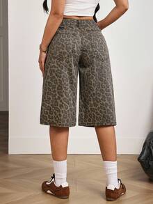 SHEIN Tall 女士豹纹直筒宽松牛仔短裤，带腰带环 - 彩色 - 查看 2