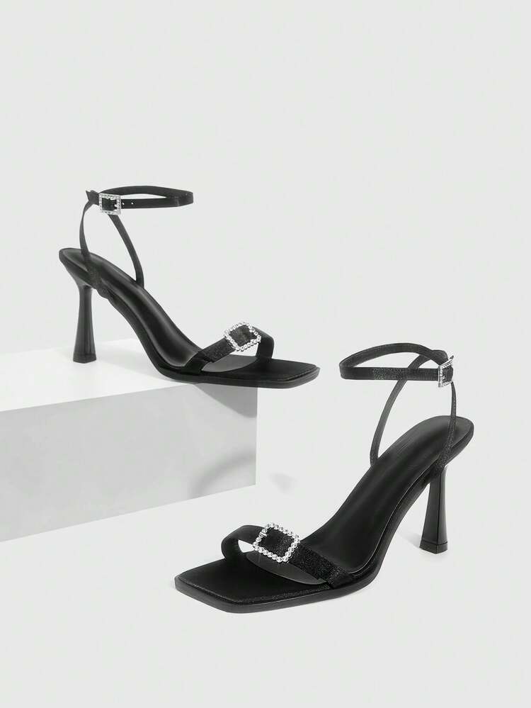 CUCCOO SZL Women's Square Toe Thin High Heel Black Open Toe Ankle Strap Sandals, Fashionable Sexy Versatile Ladies High Heels Valentine's Day