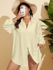SHEIN X Sofía Suescun SHEIN Swim 大码女式单条纹纽扣长袖衬衫，度假沙滩上衣 - 杏色 - 查看 3