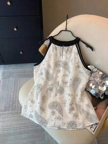 SHEIN PariChic 2026新款女士撞色露背吊带上衣，黑色领口饰以叶子花卉印花面料，蝴蝶结系带无袖设计，休闲通勤简约度假风 - 彩色 - 查看 2