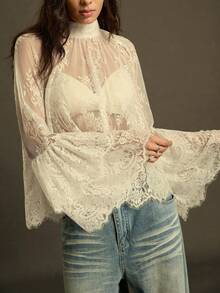 SoleilVie 女士立领插肩袖优雅衬衫 - 杏色 - 查看 5