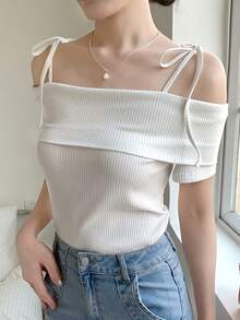 FRIFUL Áo thun nữ màu trơn, dây mảnh, trễ vai, chất liệu gân, phong cách tối giản, thích hợp cho mùa hè. - trắng - Xem 5