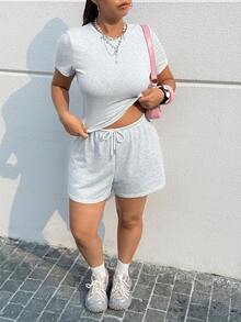 SHEIN EZwear 大码女式休闲纯色短袖T恤和短裤两件套 - 灰色 - 查看 5