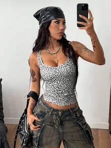 Coolane 女士豹纹针织无袖U领休闲罗纹背心 - 黑與白 - 查看 3