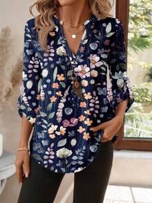 EMERY ROSE Women's Spring Full Print Notched Neck 3/4 Sleeve Blouse, Work Shirt - Navy Blue - View 4