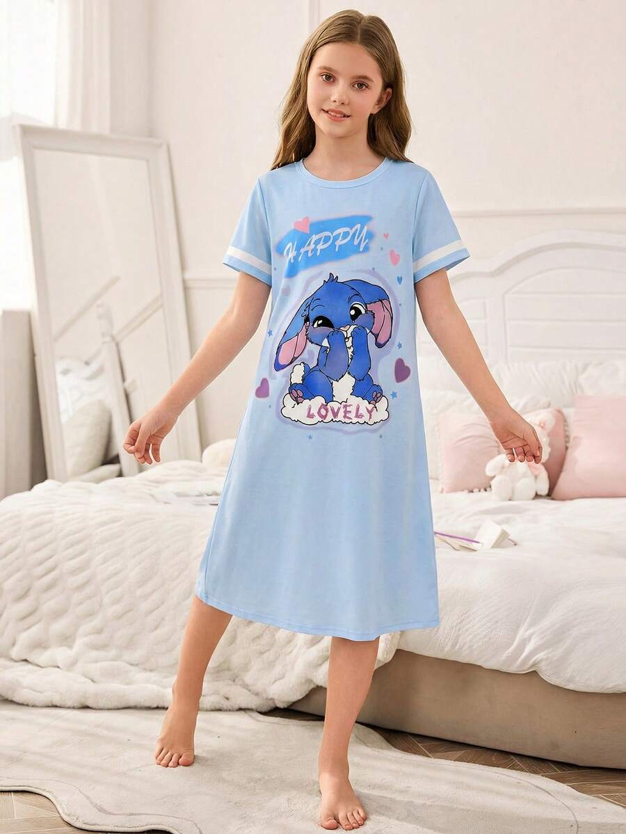 SHEIN Girls' Casual Long Dress, Round Neck Short Sleeve, Blue Rabbit Print & White Stripe, Knitted Fabric, Comfortable Sleepwear - Blue - View 1
