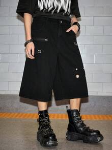 ROMWE MEN Grunge Punk Men's Solid Color Asymmetrical Eyelet Denim Shorts - Black - View 5