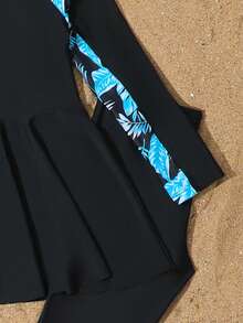 SHEIN 少女随机印花吊带泳衣，防晒 - 黑色 - 查看 5