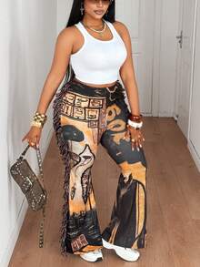 Maweii 大码女式休闲针织高弹罗纹印花面料，松紧腰设计，侧边毛绒带装饰喇叭裤，百搭款式，新款大码女装，适合派对、音乐节等场合，修身长裤 - 彩色 - 查看 5