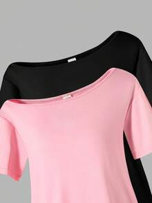 Sparklyn 少女两件套夏季休闲日常通勤简约纯色不规则领短袖T恤 - 粉色 - 查看 8