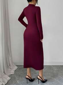Elenzga Vestido ajustado elegante de unicolor con decoración metálica, talla grande, otoño - Burdeos - Ver 2