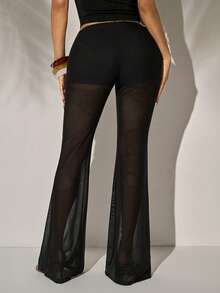 Radiana 女士性感独特黑色透视网纱喇叭裤（含内裤），黑色透视网纱长裤，飘逸网纱裤，休闲裤，沙滩裤，适合夜晚、约会、聚会、派对、俱乐部、夜总会、鸡尾酒会、音乐节、演唱会、海岛度假、海滩、假日装扮 - 黑色 - 查看 2