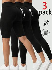 SHEIN SXY 3件套休闲运动日常通勤简约百搭纯黑色紧身裤，三种长度可选：七分裤/及膝裤/九分裤，适合健身、运动、休闲、瑜伽等场合，3条装紧身裤，女士骑行短裤，女士紧身裤 - 黑色 - 查看 3